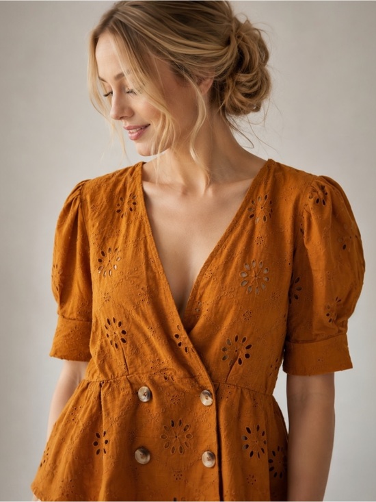 Zara Tops - Zara Eyelet Peplum Blouse Mustard Puff Sleeve Wrap Top Medium
